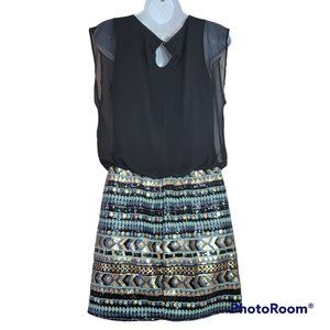 As U Wish Women's M Black Top w/ Blue and Gold Sequin Skirt 1 pc Dress EUC